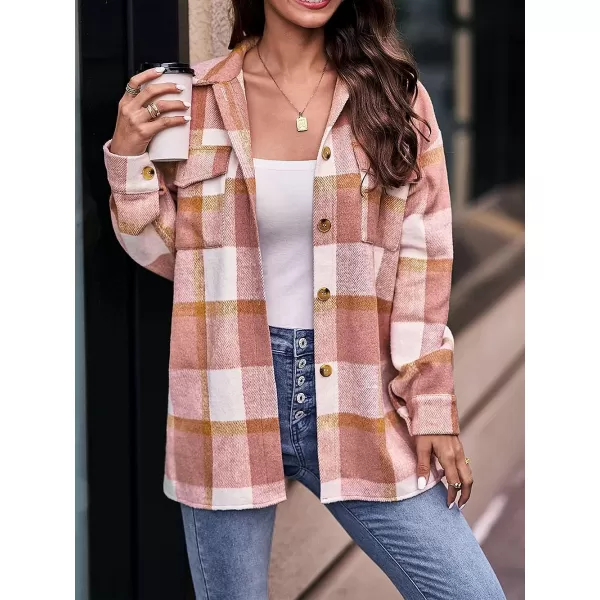 imagePRETTYGARDEN Womens 2023 Fall Clothes Plaid Shacket Jacket Long Sleeve Button Down Flannel Shirts Fashion BlousePlaid Pink White