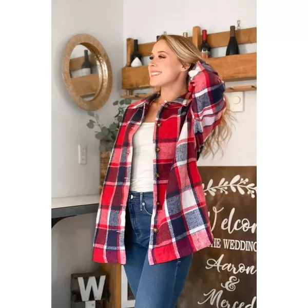 imagePRETTYGARDEN Womens 2023 Fall Clothes Plaid Shacket Jacket Long Sleeve Button Down Flannel Shirts Fashion BlousePlaid Print Red