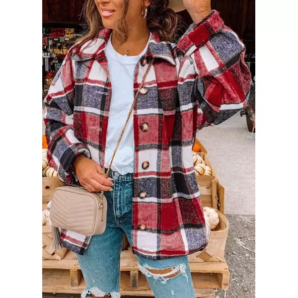 imagePRETTYGARDEN Womens 2023 Fall Clothes Plaid Shacket Jacket Long Sleeve Button Down Flannel Shirts Fashion BlousePlaid Print Red