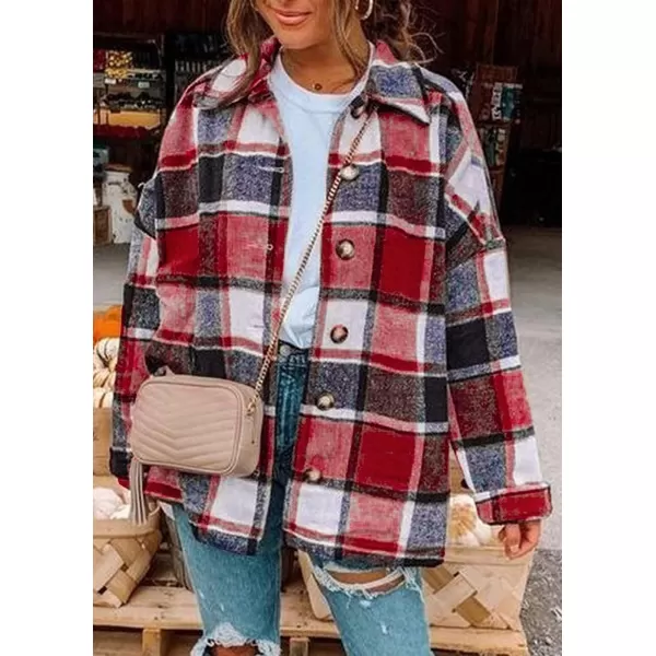 imagePRETTYGARDEN Womens 2023 Fall Clothes Plaid Shacket Jacket Long Sleeve Button Down Flannel Shirts Fashion BlousePlaid Print Red