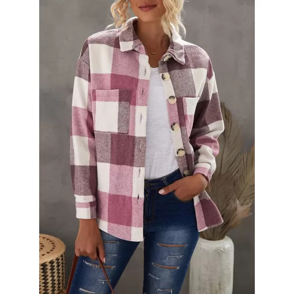 imagePRETTYGARDEN Womens 2023 Fall Clothes Plaid Shacket Jacket Long Sleeve Button Down Flannel Shirts Fashion BlousePlaid Red