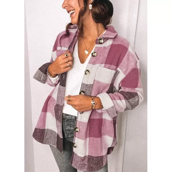 imagePRETTYGARDEN Womens 2023 Fall Clothes Plaid Shacket Jacket Long Sleeve Button Down Flannel Shirts Fashion BlousePlaid Red