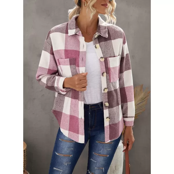 imagePRETTYGARDEN Womens 2023 Fall Clothes Plaid Shacket Jacket Long Sleeve Button Down Flannel Shirts Fashion BlousePlaid Red