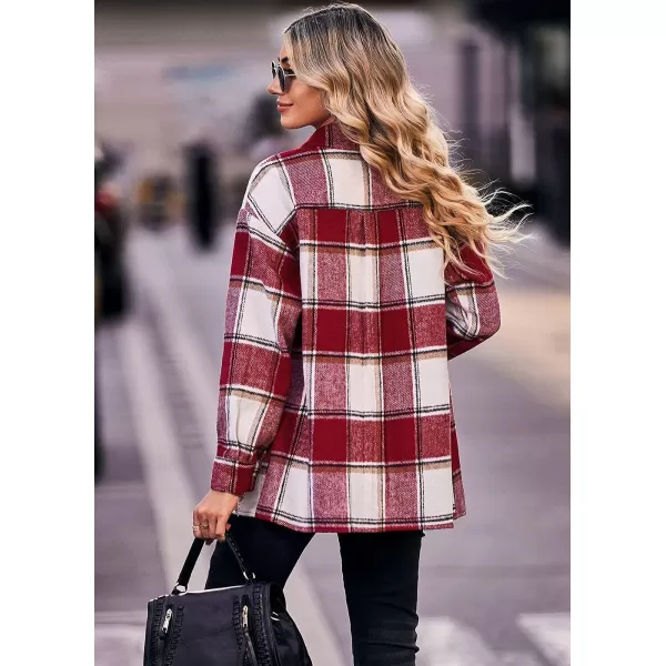 imagePRETTYGARDEN Womens 2023 Fall Clothes Plaid Shacket Jacket Long Sleeve Button Down Flannel Shirts Fashion BlousePlaid Red White