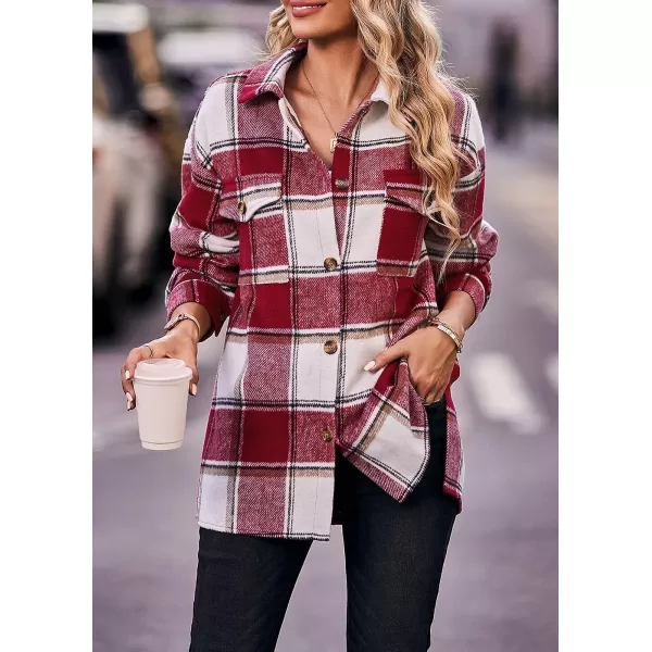 imagePRETTYGARDEN Womens 2023 Fall Clothes Plaid Shacket Jacket Long Sleeve Button Down Flannel Shirts Fashion BlousePlaid Red White