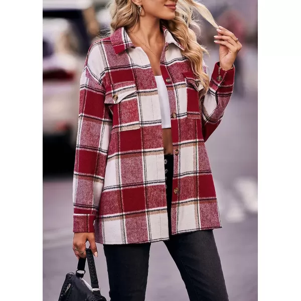 imagePRETTYGARDEN Womens 2023 Fall Clothes Plaid Shacket Jacket Long Sleeve Button Down Flannel Shirts Fashion BlousePlaid Red White