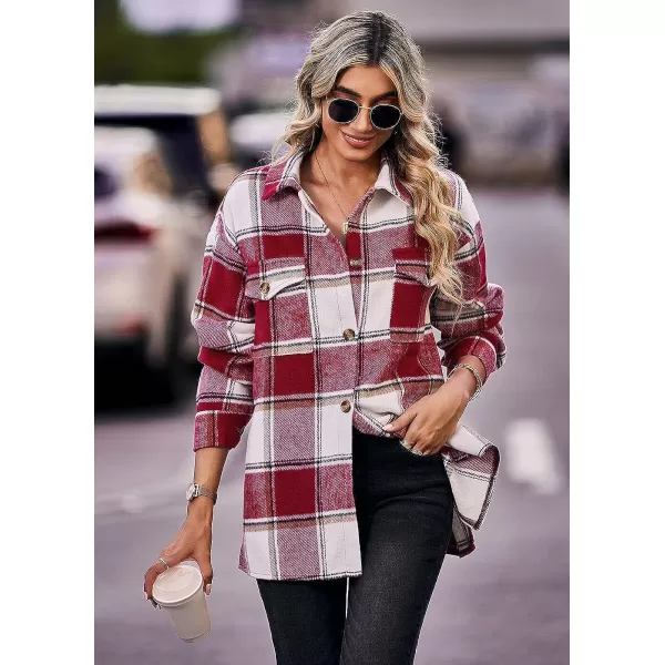 imagePRETTYGARDEN Womens 2023 Fall Clothes Plaid Shacket Jacket Long Sleeve Button Down Flannel Shirts Fashion BlousePlaid Red White