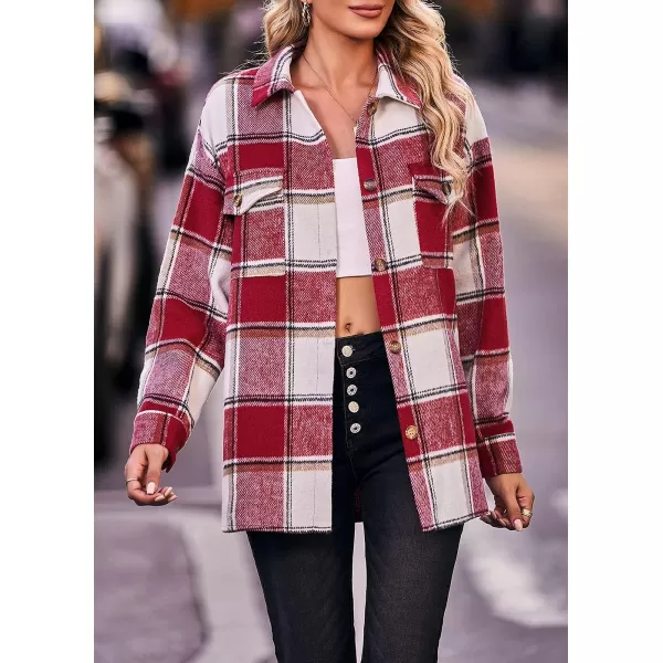 imagePRETTYGARDEN Womens 2023 Fall Clothes Plaid Shacket Jacket Long Sleeve Button Down Flannel Shirts Fashion BlousePlaid Red White