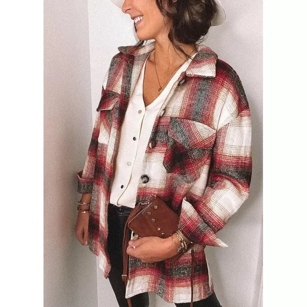imagePRETTYGARDEN Womens 2023 Fall Clothes Plaid Shacket Jacket Long Sleeve Button Down Flannel Shirts Fashion BlouseRed