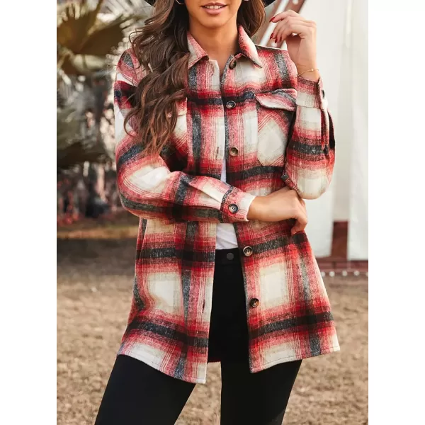 imagePRETTYGARDEN Womens 2023 Fall Clothes Plaid Shacket Jacket Long Sleeve Button Down Flannel Shirts Fashion BlouseRed