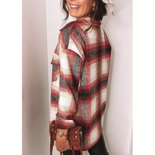 imagePRETTYGARDEN Womens 2023 Fall Clothes Plaid Shacket Jacket Long Sleeve Button Down Flannel Shirts Fashion BlouseRed