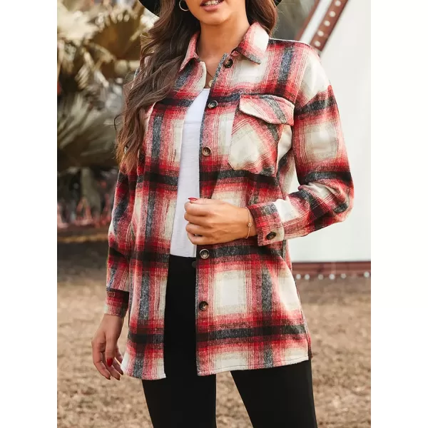 imagePRETTYGARDEN Womens 2023 Fall Clothes Plaid Shacket Jacket Long Sleeve Button Down Flannel Shirts Fashion BlouseRed