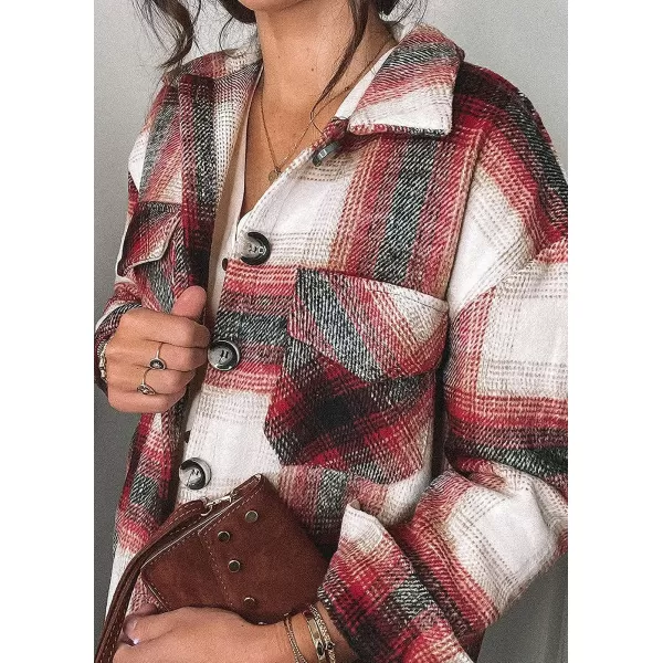 imagePRETTYGARDEN Womens 2023 Fall Clothes Plaid Shacket Jacket Long Sleeve Button Down Flannel Shirts Fashion BlouseRed