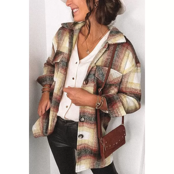 imagePRETTYGARDEN Womens 2023 Fall Clothes Plaid Shacket Jacket Long Sleeve Button Down Flannel Shirts Fashion BlouseWine Red