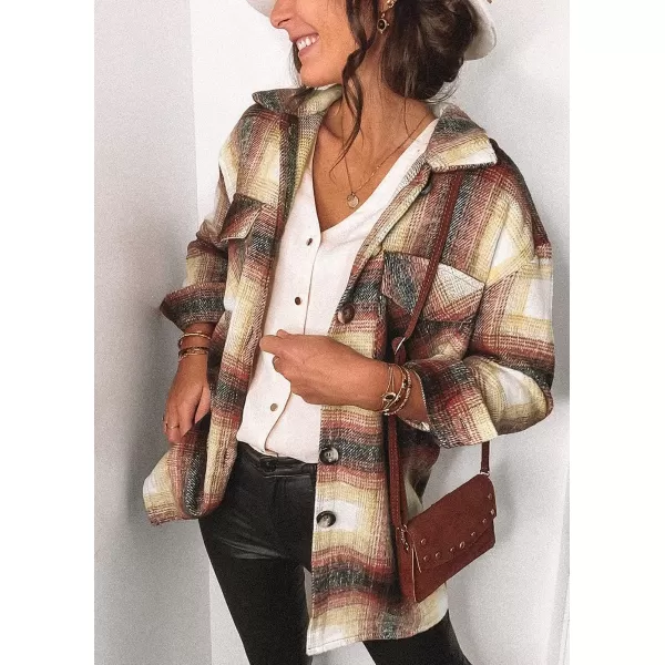 imagePRETTYGARDEN Womens 2023 Fall Clothes Plaid Shacket Jacket Long Sleeve Button Down Flannel Shirts Fashion BlouseWine Red