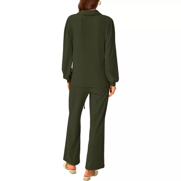 imagePRETTYGARDEN Womens 2023 Fall Clothes Two Piece Outfit Set Long Sleeve Lapel V Neck Tops Blouses Wide Leg Pants TracksuitArmy Green
