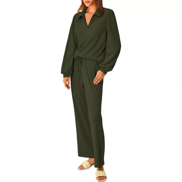 imagePRETTYGARDEN Womens 2023 Fall Clothes Two Piece Outfit Set Long Sleeve Lapel V Neck Tops Blouses Wide Leg Pants TracksuitArmy Green