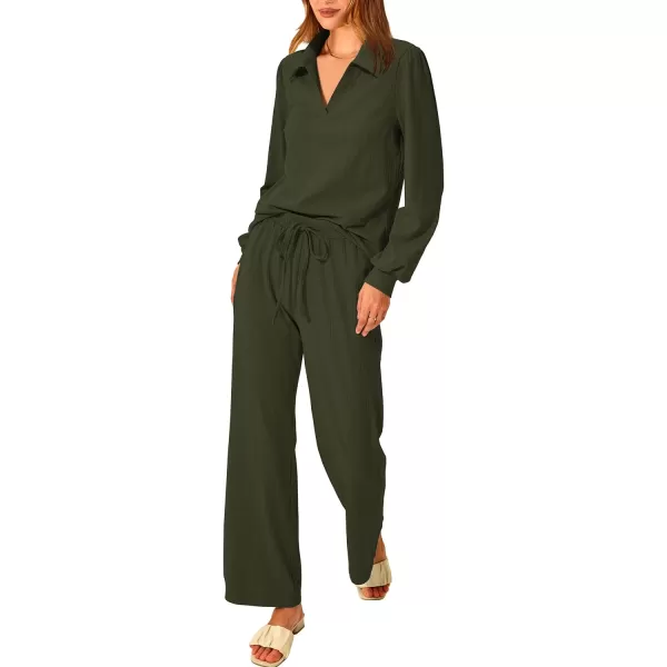 imagePRETTYGARDEN Womens 2023 Fall Clothes Two Piece Outfit Set Long Sleeve Lapel V Neck Tops Blouses Wide Leg Pants TracksuitArmy Green