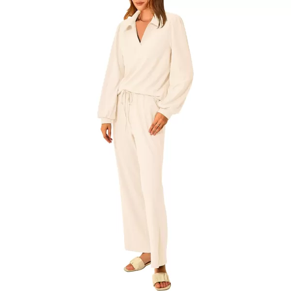 imagePRETTYGARDEN Womens 2023 Fall Clothes Two Piece Outfit Set Long Sleeve Lapel V Neck Tops Blouses Wide Leg Pants TracksuitBeige
