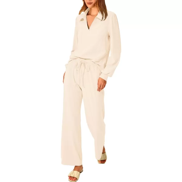 imagePRETTYGARDEN Womens 2023 Fall Clothes Two Piece Outfit Set Long Sleeve Lapel V Neck Tops Blouses Wide Leg Pants TracksuitBeige