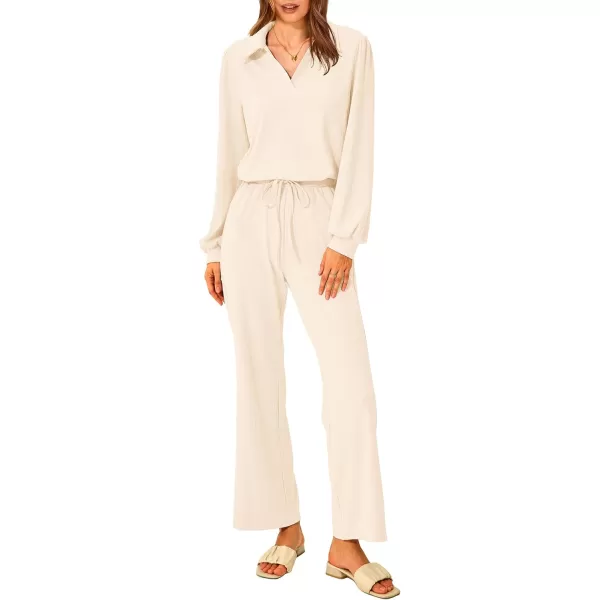 imagePRETTYGARDEN Womens 2023 Fall Clothes Two Piece Outfit Set Long Sleeve Lapel V Neck Tops Blouses Wide Leg Pants TracksuitBeige