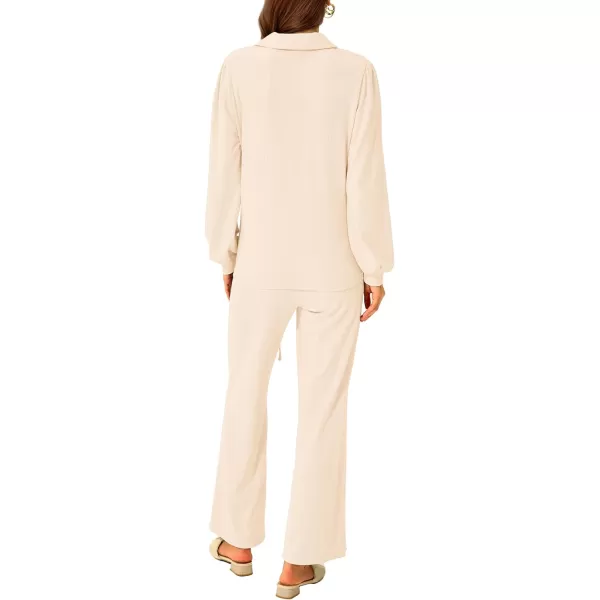 imagePRETTYGARDEN Womens 2023 Fall Clothes Two Piece Outfit Set Long Sleeve Lapel V Neck Tops Blouses Wide Leg Pants TracksuitBeige