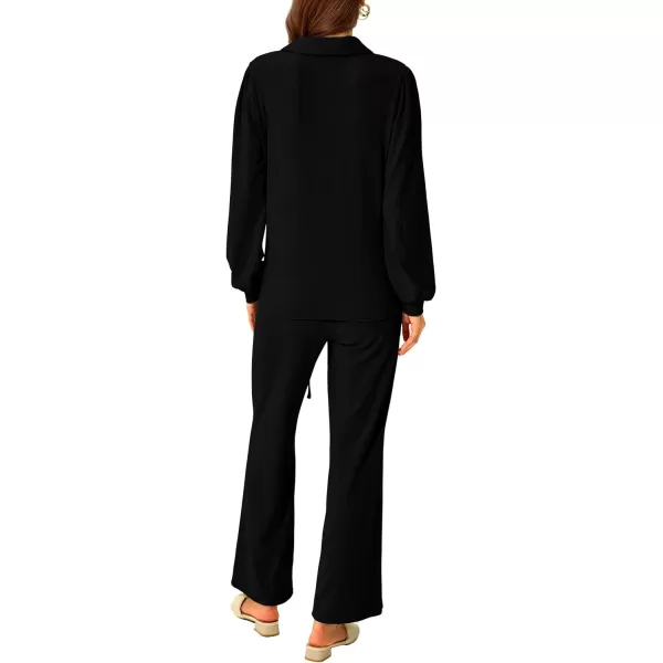 imagePRETTYGARDEN Womens 2023 Fall Clothes Two Piece Outfit Set Long Sleeve Lapel V Neck Tops Blouses Wide Leg Pants TracksuitBlack