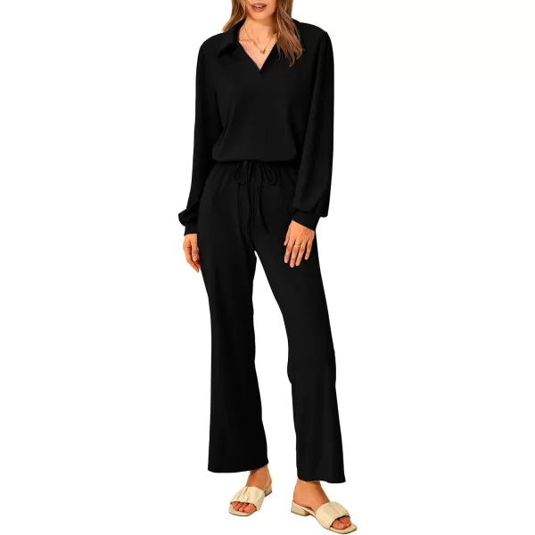 imagePRETTYGARDEN Womens 2023 Fall Clothes Two Piece Outfit Set Long Sleeve Lapel V Neck Tops Blouses Wide Leg Pants TracksuitBlack