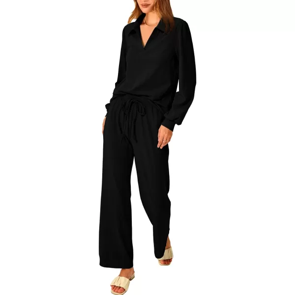 imagePRETTYGARDEN Womens 2023 Fall Clothes Two Piece Outfit Set Long Sleeve Lapel V Neck Tops Blouses Wide Leg Pants TracksuitBlack