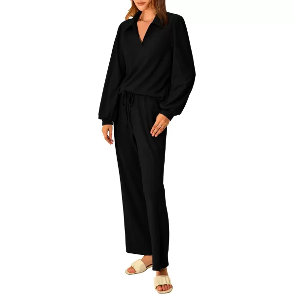 imagePRETTYGARDEN Womens 2023 Fall Clothes Two Piece Outfit Set Long Sleeve Lapel V Neck Tops Blouses Wide Leg Pants TracksuitBlack