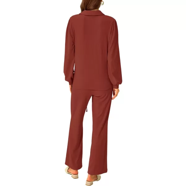 imagePRETTYGARDEN Womens 2023 Fall Clothes Two Piece Outfit Set Long Sleeve Lapel V Neck Tops Blouses Wide Leg Pants TracksuitBrick Red