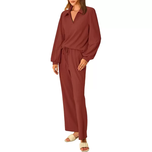 imagePRETTYGARDEN Womens 2023 Fall Clothes Two Piece Outfit Set Long Sleeve Lapel V Neck Tops Blouses Wide Leg Pants TracksuitBrick Red