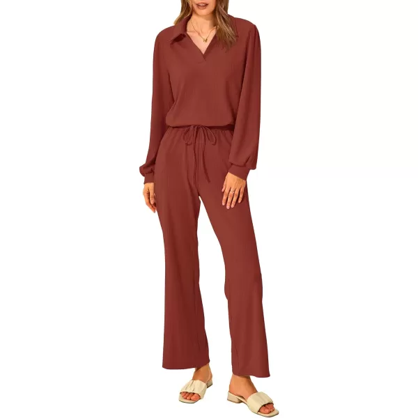 imagePRETTYGARDEN Womens 2023 Fall Clothes Two Piece Outfit Set Long Sleeve Lapel V Neck Tops Blouses Wide Leg Pants TracksuitBrick Red