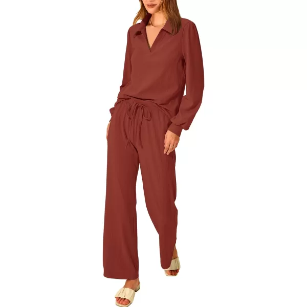 imagePRETTYGARDEN Womens 2023 Fall Clothes Two Piece Outfit Set Long Sleeve Lapel V Neck Tops Blouses Wide Leg Pants TracksuitBrick Red