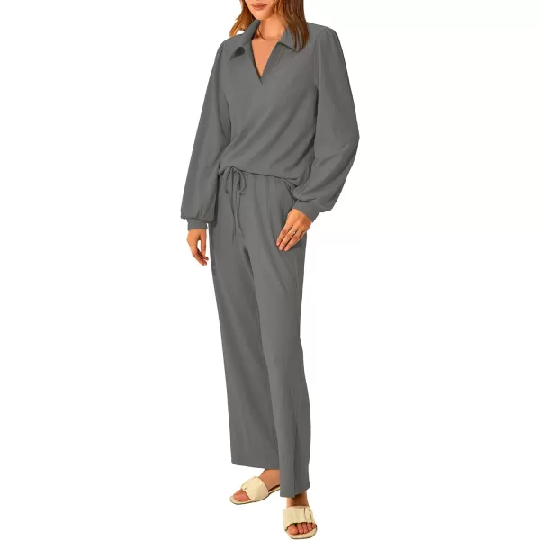 imagePRETTYGARDEN Womens 2023 Fall Clothes Two Piece Outfit Set Long Sleeve Lapel V Neck Tops Blouses Wide Leg Pants TracksuitGrey