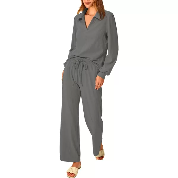 imagePRETTYGARDEN Womens 2023 Fall Clothes Two Piece Outfit Set Long Sleeve Lapel V Neck Tops Blouses Wide Leg Pants TracksuitGrey