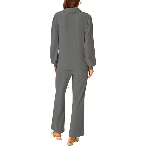imagePRETTYGARDEN Womens 2023 Fall Clothes Two Piece Outfit Set Long Sleeve Lapel V Neck Tops Blouses Wide Leg Pants TracksuitGrey