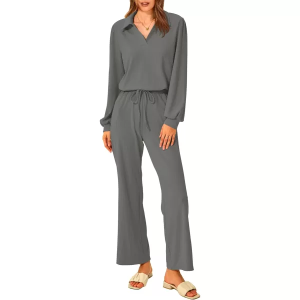 imagePRETTYGARDEN Womens 2023 Fall Clothes Two Piece Outfit Set Long Sleeve Lapel V Neck Tops Blouses Wide Leg Pants TracksuitGrey