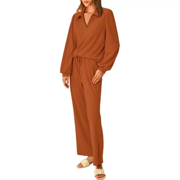 imagePRETTYGARDEN Womens 2023 Fall Clothes Two Piece Outfit Set Long Sleeve Lapel V Neck Tops Blouses Wide Leg Pants TracksuitLight Brown