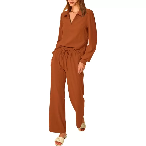 imagePRETTYGARDEN Womens 2023 Fall Clothes Two Piece Outfit Set Long Sleeve Lapel V Neck Tops Blouses Wide Leg Pants TracksuitLight Brown