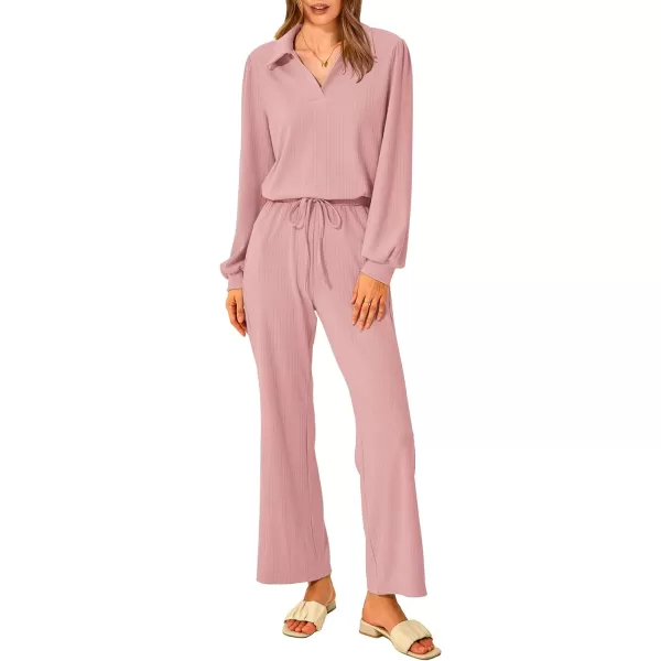 imagePRETTYGARDEN Womens 2023 Fall Clothes Two Piece Outfit Set Long Sleeve Lapel V Neck Tops Blouses Wide Leg Pants TracksuitPink