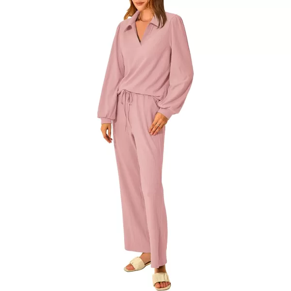 imagePRETTYGARDEN Womens 2023 Fall Clothes Two Piece Outfit Set Long Sleeve Lapel V Neck Tops Blouses Wide Leg Pants TracksuitPink