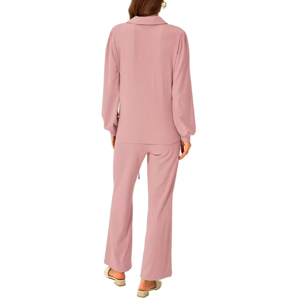 imagePRETTYGARDEN Womens 2023 Fall Clothes Two Piece Outfit Set Long Sleeve Lapel V Neck Tops Blouses Wide Leg Pants TracksuitPink