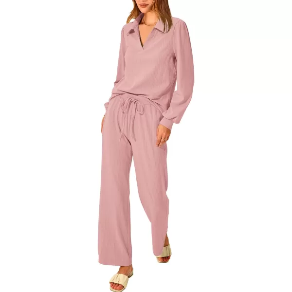 imagePRETTYGARDEN Womens 2023 Fall Clothes Two Piece Outfit Set Long Sleeve Lapel V Neck Tops Blouses Wide Leg Pants TracksuitPink