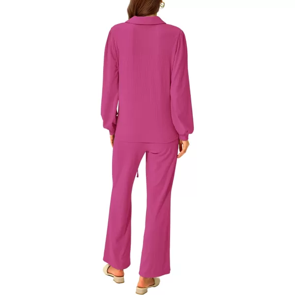 imagePRETTYGARDEN Womens 2023 Fall Clothes Two Piece Outfit Set Long Sleeve Lapel V Neck Tops Blouses Wide Leg Pants TracksuitRose Red