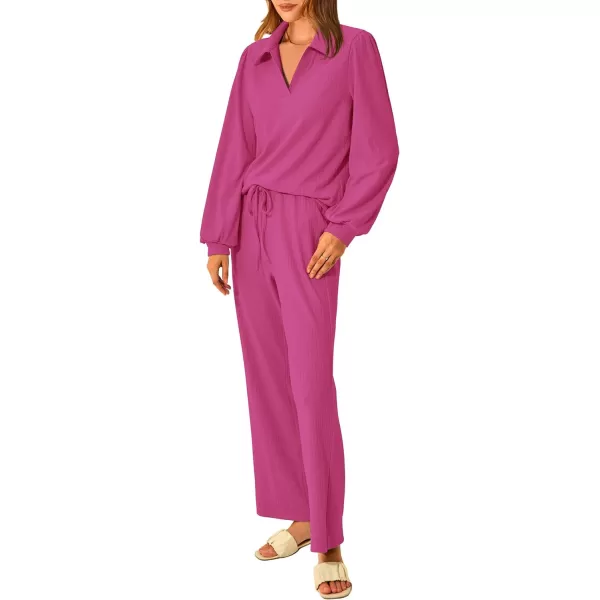 imagePRETTYGARDEN Womens 2023 Fall Clothes Two Piece Outfit Set Long Sleeve Lapel V Neck Tops Blouses Wide Leg Pants TracksuitRose Red