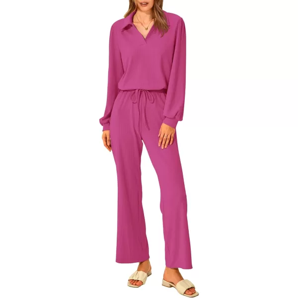 imagePRETTYGARDEN Womens 2023 Fall Clothes Two Piece Outfit Set Long Sleeve Lapel V Neck Tops Blouses Wide Leg Pants TracksuitRose Red