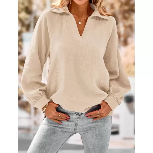 imagePRETTYGARDEN Womens 2023 Fall Fashion Blouse Tops Casual Long Sleeve V Neck Collared Cotton Linen ShirtsApricot