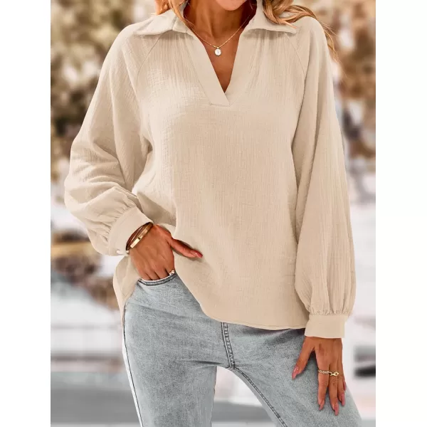 imagePRETTYGARDEN Womens 2023 Fall Fashion Blouse Tops Casual Long Sleeve V Neck Collared Cotton Linen ShirtsApricot