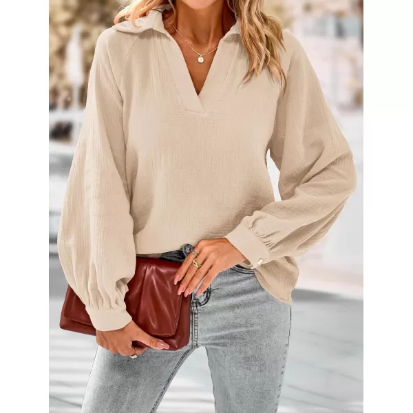 imagePRETTYGARDEN Womens 2023 Fall Fashion Blouse Tops Casual Long Sleeve V Neck Collared Cotton Linen ShirtsApricot